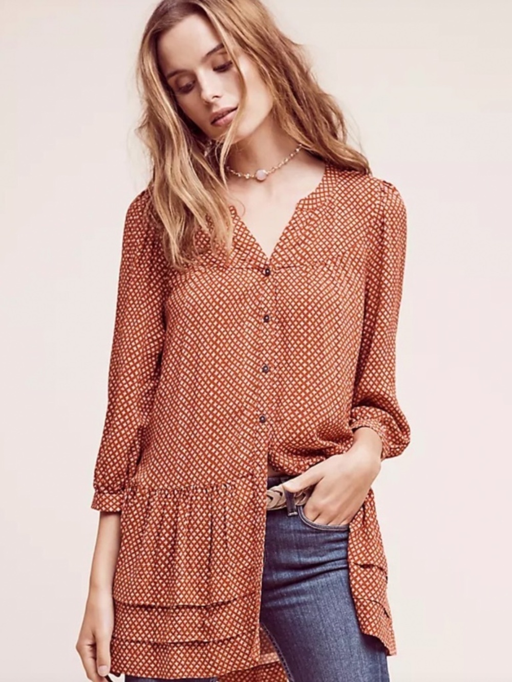 Anthropologie Holding Horses Burnt Orange Rustic Pavin Buttondown Tunic Large